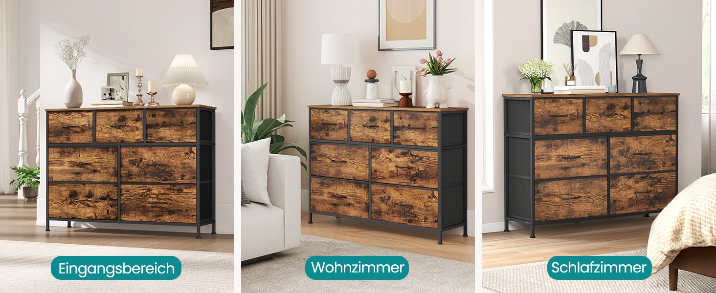 SONGMICS Комод з 7 висувними ящиками, шафа для зберігання, сталь, MDF, флізелін, для спальні, прихожей, вітальні, кольори: білий, коричневий, чорний