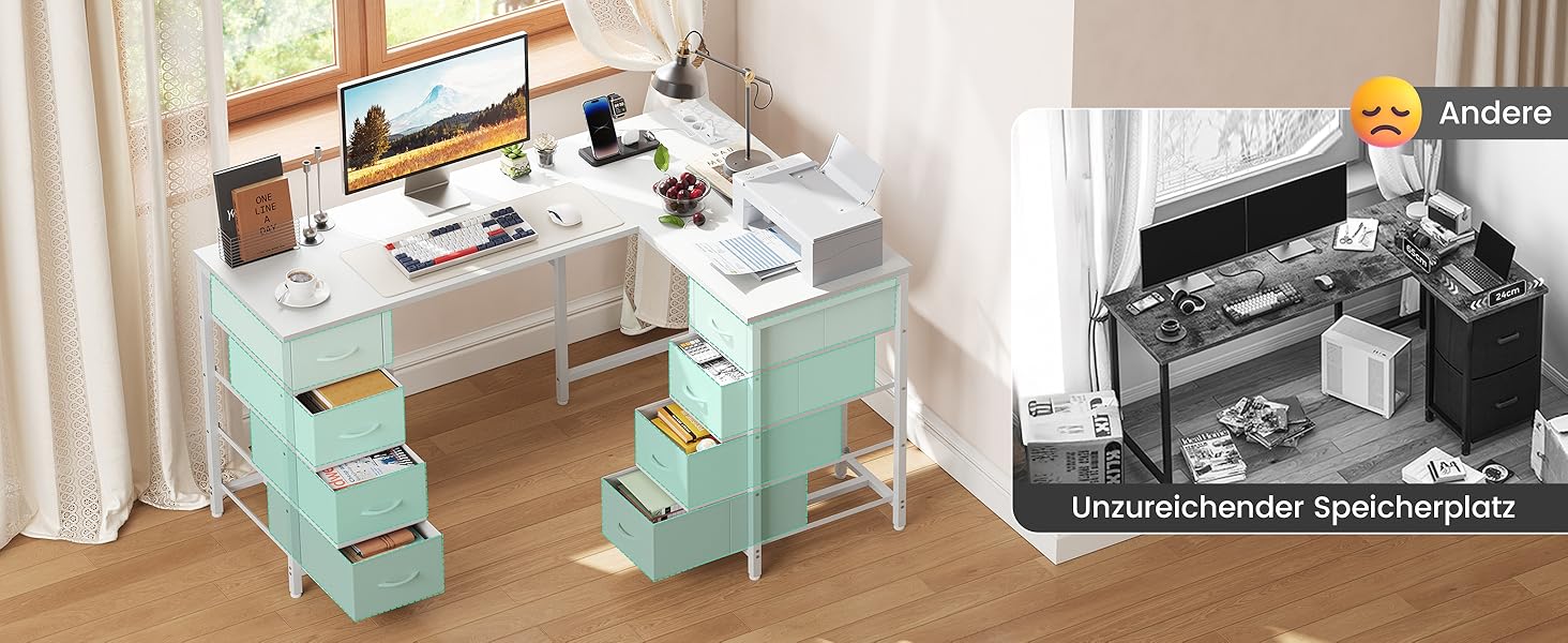 Кутовий стіл Youdenova 150x100 см з шухлядами, розеткою та USB-зарядом, білий. Стіл L-подібний з місцем для зберігання