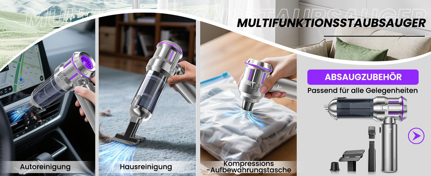 Акумуляторний ручний пилосмок 25000Па з безщітковим двигуном, 4-в-1, самоочищення, 3 режими потужності, для авто, дому та шерсті тварин, сріблясто-фіолетовий