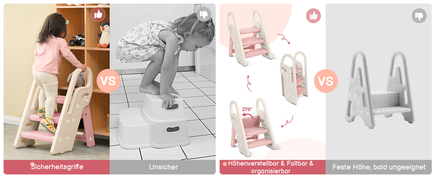 Дитячий табурет-сходинка Onasti: регульована висота, 2-3 сходинки, складна конструкція, багатофункціональний, для ванної, дитячої кімнати, кухні (зелений, рожевий)