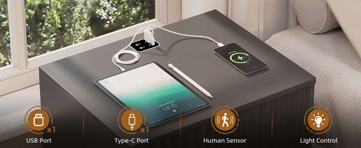 LED тумбочка Gurexl з зарядкою та 3 шухлядами, дерев'яна, з USB та Type-C, з датчиком руху, для спальні, вітальні, офісу, чорна