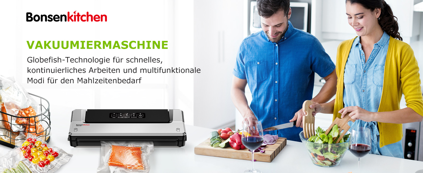 Вакууматор Bonsenkitchen для су-від (Sous Vide) та зберігання продуктів, вакуумний пакувальник з 5 пакетами в комплекті, сріблястий