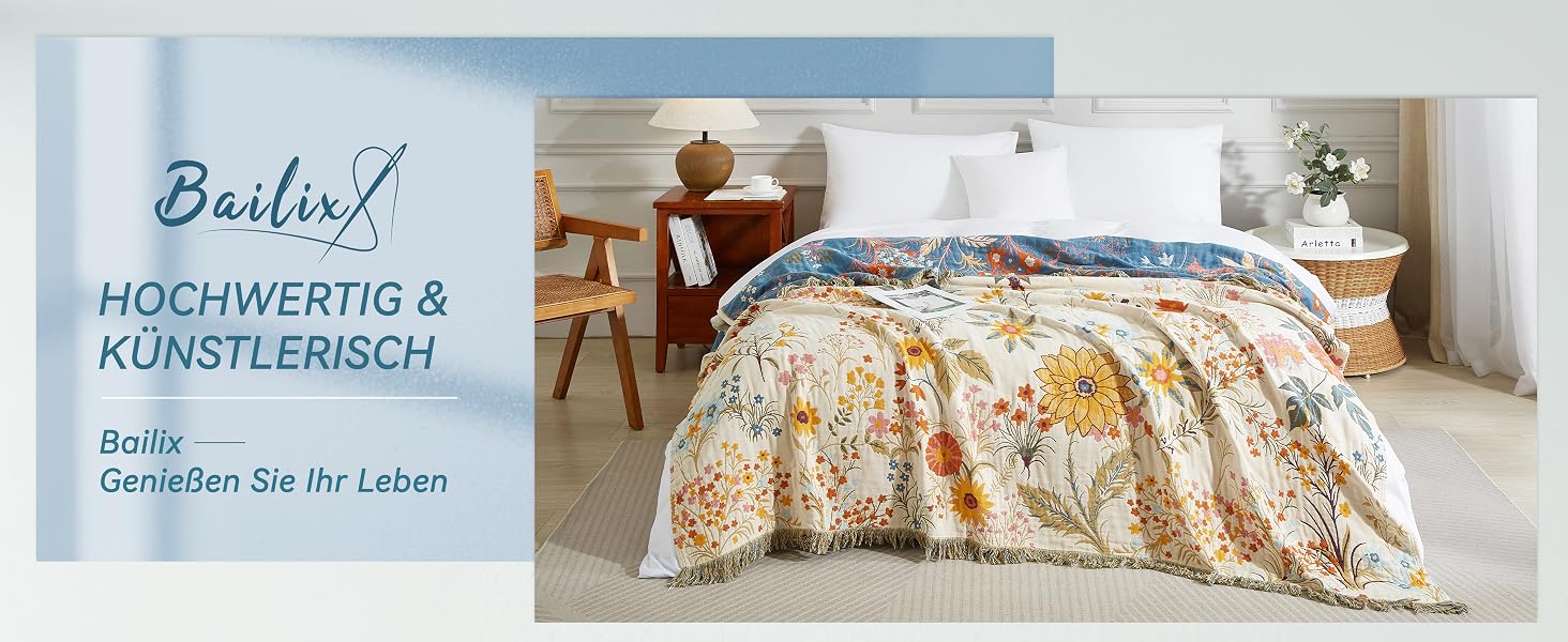 Покривало Bailix Premium Boho з 100% бавовни, двостороння муслінова ковдра з бахромою 150x200 см, декоративний плед для дивана та ліжка, синій/бежевий, принт Blumengarten