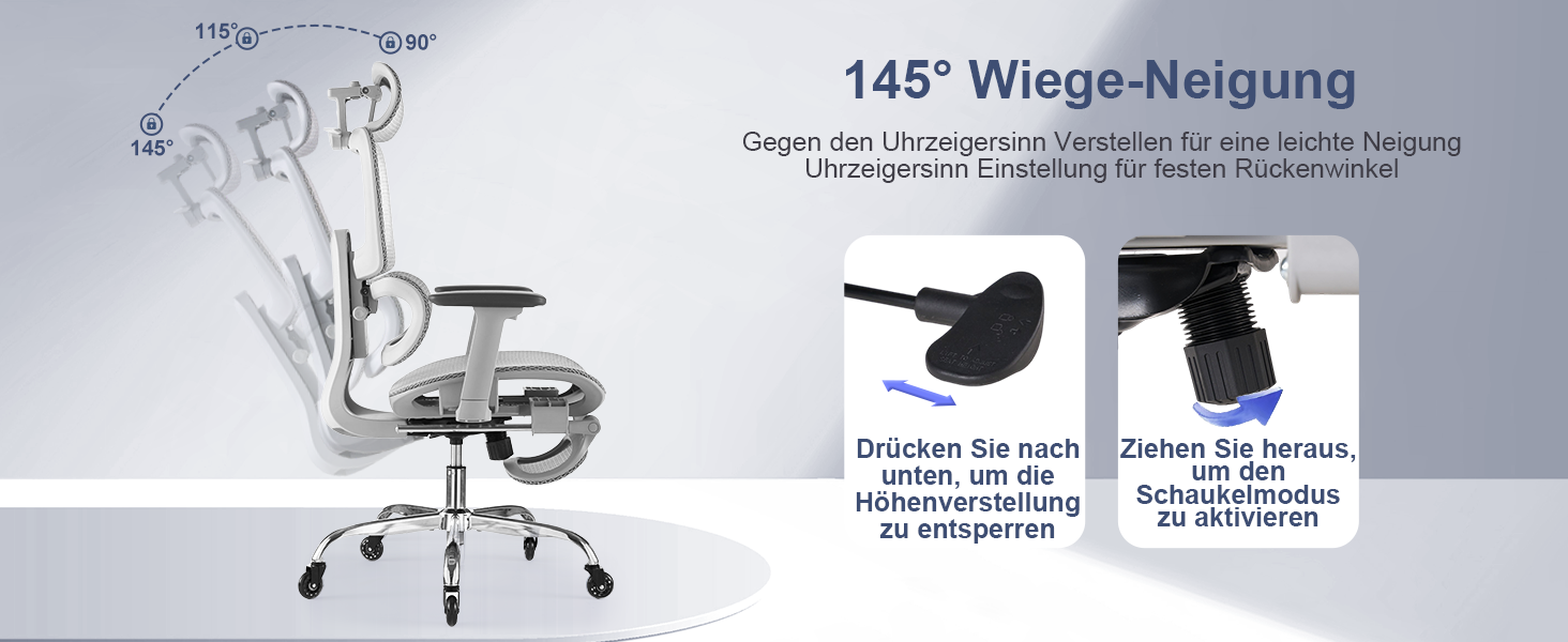 Ергономічне крісло для офісу з підніжкою та подушкою для шиї, 5-рівневе регулювання спинки, 2D підтримка попереку, 3D підлокітники/підголівник, функція нахилу 145°, сітчасте сидіння, гумові колеса (Сірий, Pro)