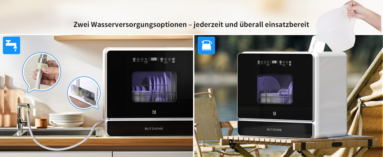 Міні посудомийна машина BLITZHOME з сенсорним керуванням, 9 програм, портативна для кемпінгу, 5.2L, з/без підключення до води, сушка, відкладений старт