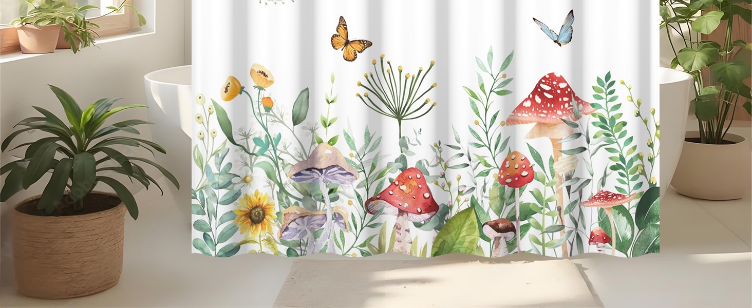 Штора для душу 180x220 см, Антигрибкова, з тропічним дизайном (пальмові листя, евкаліпт, гриби), водонепроникна, поліестер, для ванної кімнати, з 12 гачками, зелена