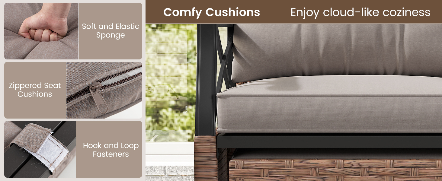 Садовий набір меблів COSTWAY з ротангу, 5 предметів: 2 крісла з подушками, пуф та стіл. Меблі для балкона, тераси, саду, коричнево-сірий колір