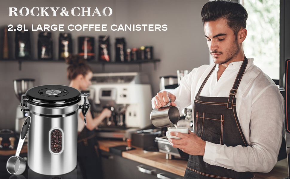 Кавова банка ROCKY&CHAO з нержавіючої сталі 2,8L з віконцем, для кавових зерен, чаю, горіхів, какао. Зберігає свіжість до 1кг. MCUK-2.8L-Silver