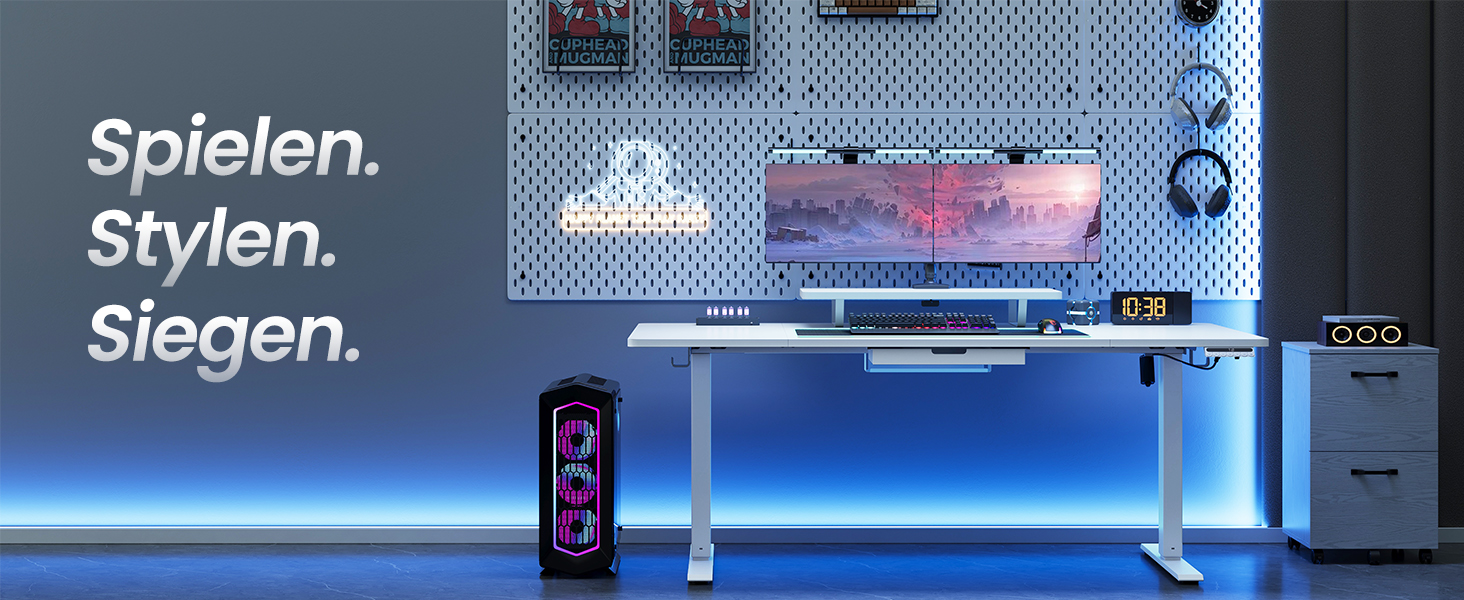 VASAGLE Регульований стіл, моніторний підставка, ящик, USB-C, нагадування про сидячий спосіб життя, для офісу, 140 x 70 см, Wolkenweiß