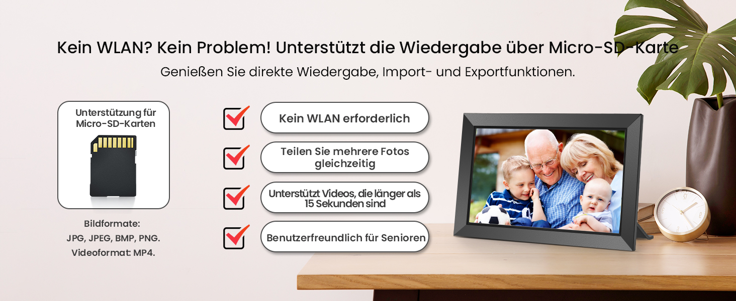 FRAMEO Цифровий фотоальбом 10.1 дюйма з Wi-Fi, IPS сенсорний екран, 32GB пам'яті, автоповорот, чорний