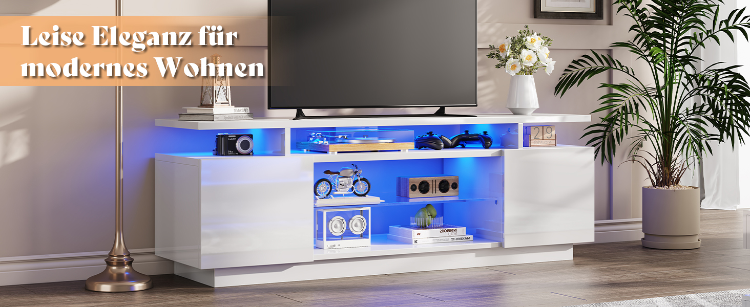 Тумба під TV Luxoak з LED підсвічуванням, білий глянцевий лак, 160x38.5x54.5 см. Підходить для телевізорів до 75 дюймів, з 2 дверцятами та регульованою скляною полицею. Для вітальні та спальні.