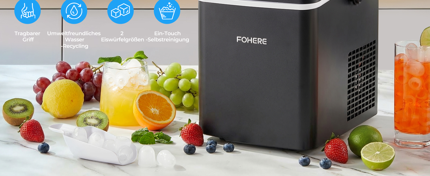 Льодогенератор Fohere портативний з ручкою, 14 кг/24 год, кулі 9 шт за 5 хв, 2 розміри, самоочищення, для дому, кухні, офісу, кемпінгу, вечірок