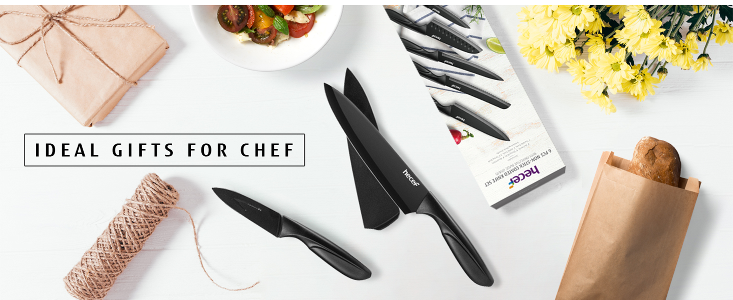 Набір кухонних ножів Hecef 15 предметів з бруском, чорний колір, антипригарне покриття, безпечний для миття в посудомийній машині, самозаточуваний брусок, ергономічні ручки, набір ножів для кухні для початківців та любителів готування (6 шт)