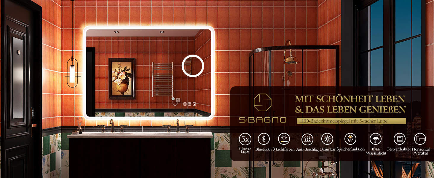 Дзеркало для ванної кімнати S'bagno з підсвічуванням 80x60 см, LED, Bluetooth, 5x збільшення, протитуманне покриття, 3 кольори, регулювання яскравості, пам'ять налаштувань, загартоване скло, IP44, водонепроникність, горизонтальна/вертикальна установка, M66