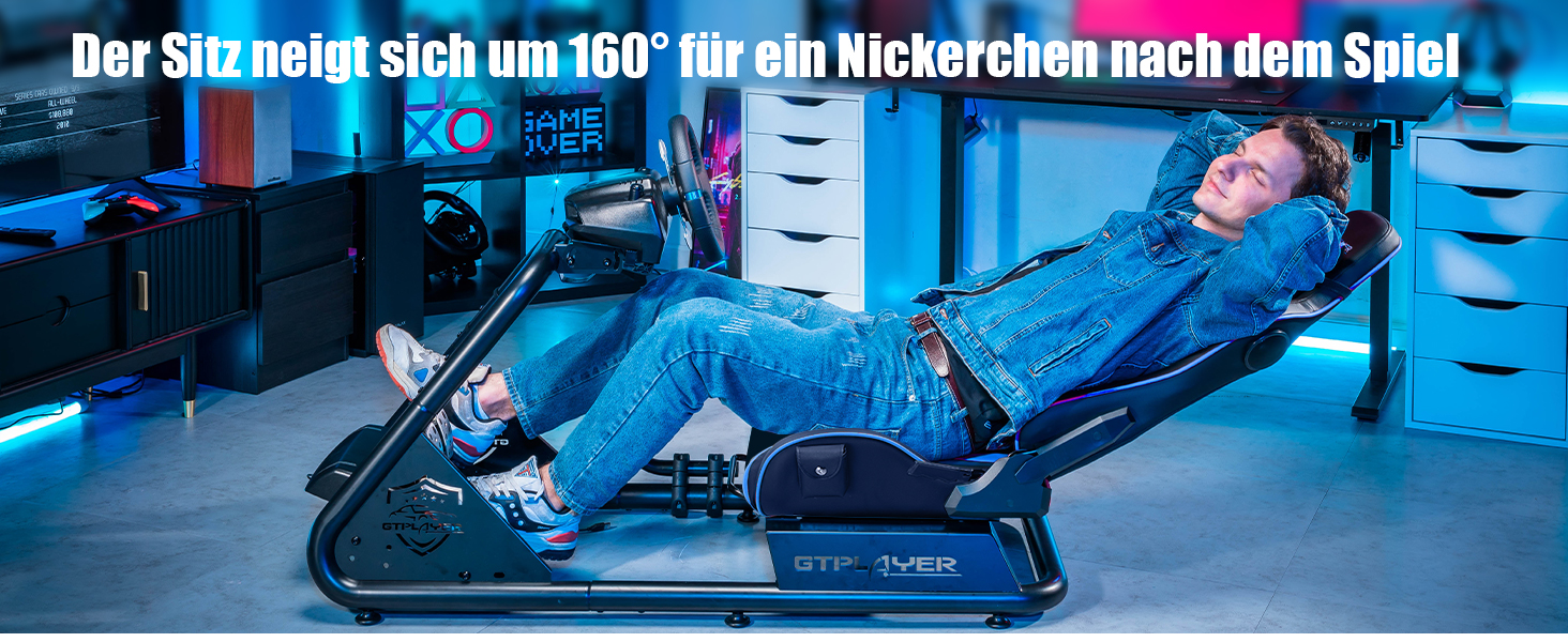 GTPLAYER Симулятор кокпіт для автосимуляторів, стійка для керма та педалей з динаміками (Синій)