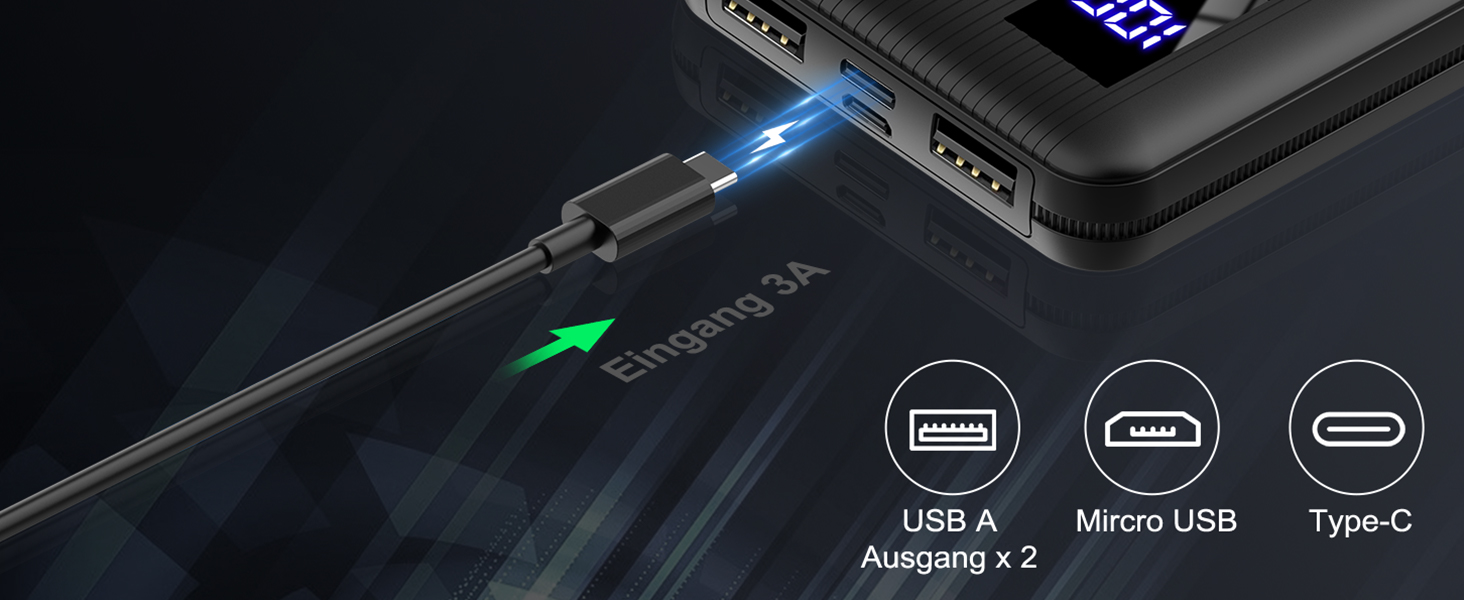 Маленький і потужний, USB C, LED-дисплей, 2 виходи USB, портативний зарядний пристрій чорний, 10000mAh