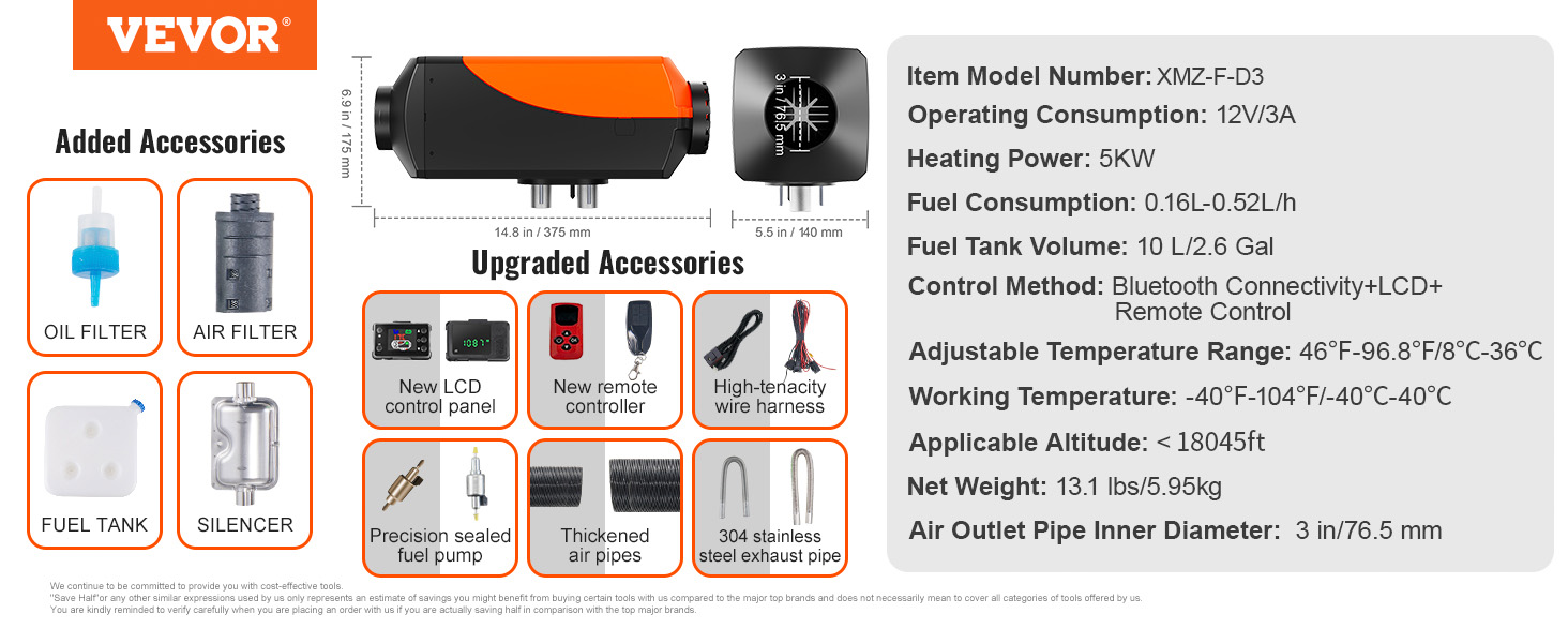 Дизельний повітряний опалювач VEVOR 12/24V 2kW з LCD-дисплеєм та пультом керування для авто, фургонів, автобусів