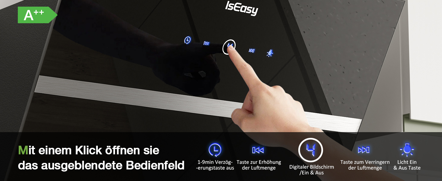 Витяжка кухонна IsEasy 60 см, чорна, потужність 578 м³/год, режим рециркуляції та відведення, 4 рівні швидкості, таймер вимкнення, клас енергоефективності A++