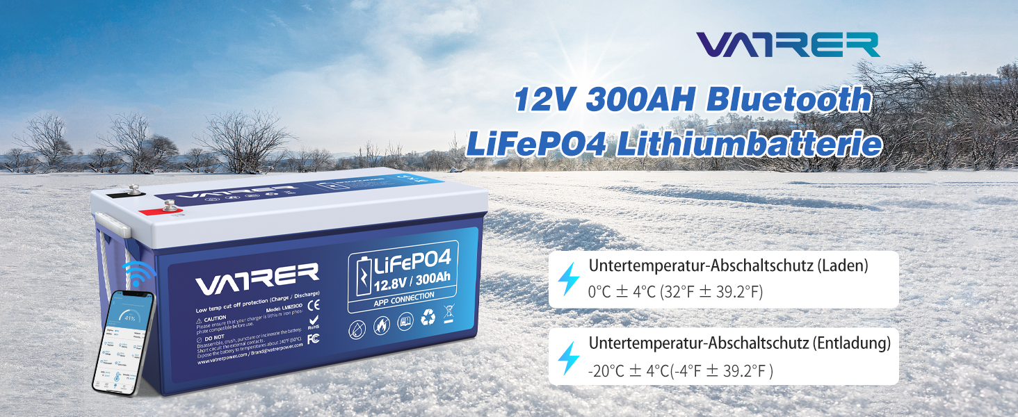 Літієва батарея VATRER POWER 12V 100AH LiFePO4 з Bluetooth, 100A BMS, 5000 циклів, 1280 Вт, захист від низької температури