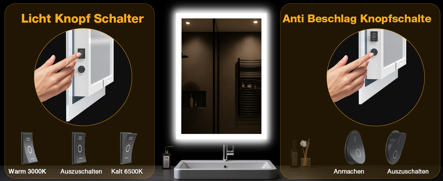Дзеркало для ванної кімнати з підсвічуванням LED, антизапар, 2 кольори світла (3000K/6500K), вимикач-клавіша, прямокутне, 45 x 60 см