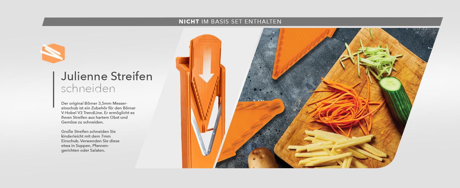 Набір Börner Gemüsehobel V3: V-овочерізалка для 5 видів нарізки, з нержавіючою сталею, з тримачем для фруктів, оранжевого кольору