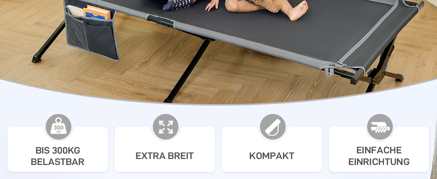 Розкладне ліжко для кемпінгу EVER ADVANCED XXL (214x106 см), посилене кемпінг-ліжко до 300 кг, сіре