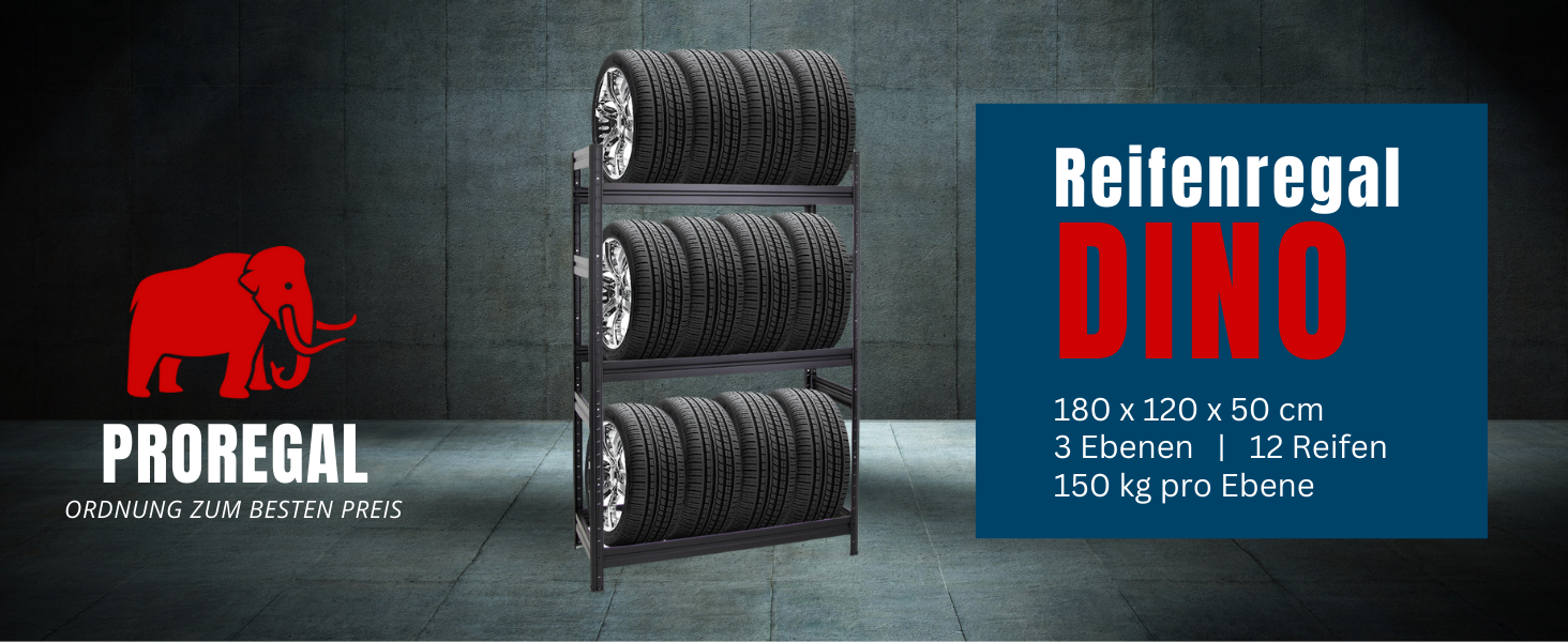 Стелаж для шин PROREGAL Dino, 180x120x50 см, чорний, до 12 шин, вантажопідйомність 150 кг | для гаража, підвалу, майстерні