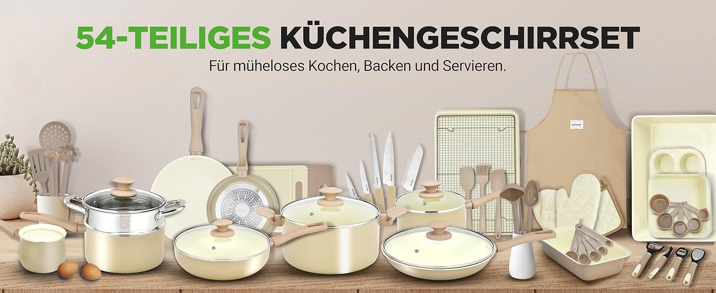 Набір посуду NutriChef 54 шт. – сковороди, каструлі, кухонні аксесуари талового кольору. З ножами, формами для випічки та аксесуарами. Підходить для індукційних, газових та електричних плит. Здорове та дієтичне приготування їжі