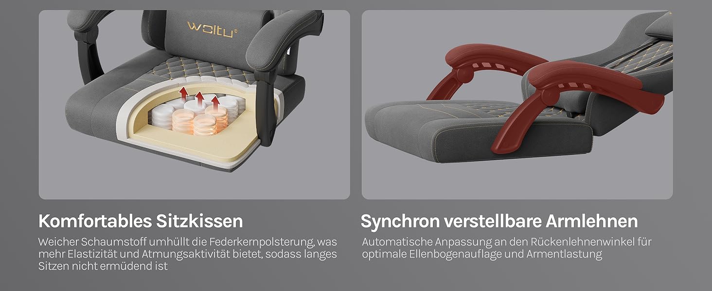 Крісло ігрове WOLTU з масажем, комп'ютерне ергономічне, з пружинним блоком, піддержка попереку, подушка для голови, підніжка, поворотне, 150 кг, сірий+жовтий