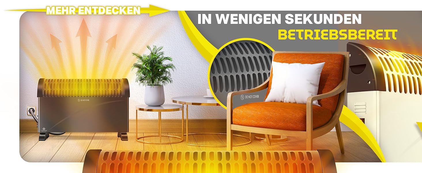 Конвектор KESSER 2000 Вт з таймером 24 год, захистом від замерзання, терморегулятором, турбонагрівом, 3 режими, ручки для перенесення, чорний