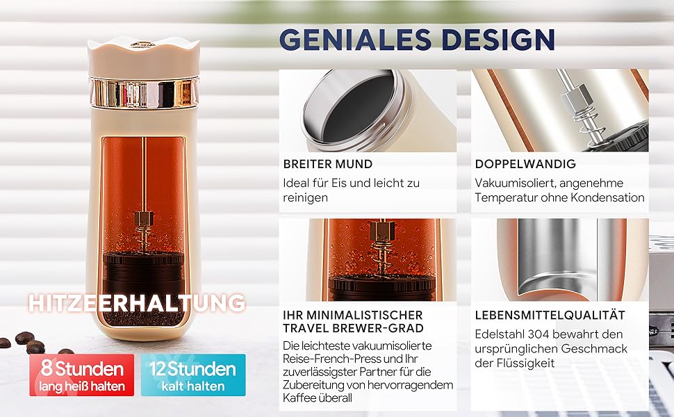 RECAFIMIL Французька кавомашина для подорожей з нержавіючої сталі, 340 мл, для кемпінгу та подорожей, кремовий колір