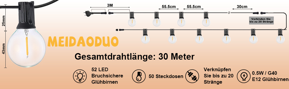 Ланцюжок прикрас для дому та саду 30м LED ST45, теплі світлодіоди 2700K, E27, IP65, вологостійкий, для вечірок та святкування