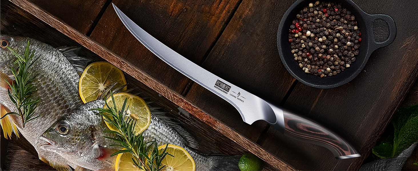 Набір кухонних ножів HOSHANHO 7 предметів: професійний японський набір з нержавіючої сталі з високим вмістом вуглецю, гострі ножі з ергономічними ручками з паккавуда (9-дюймовий ніж для філе)