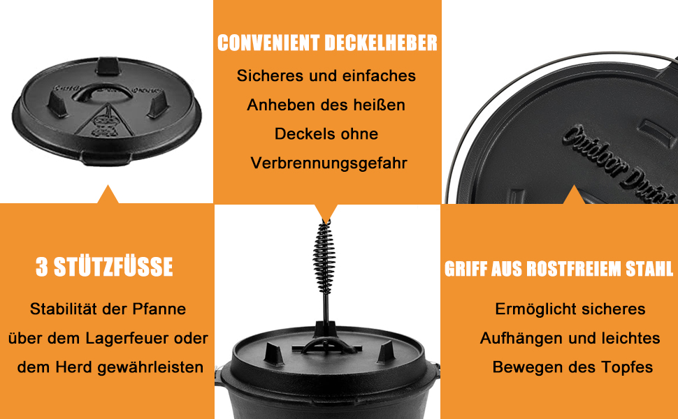 Нідерландський горщик (Dutch Oven), набір 9 літрів, чавунний горщик з кришкою-підйомником, 2-в-1, для приготування їжі на відкритому вогні та в приміщенні, чорний