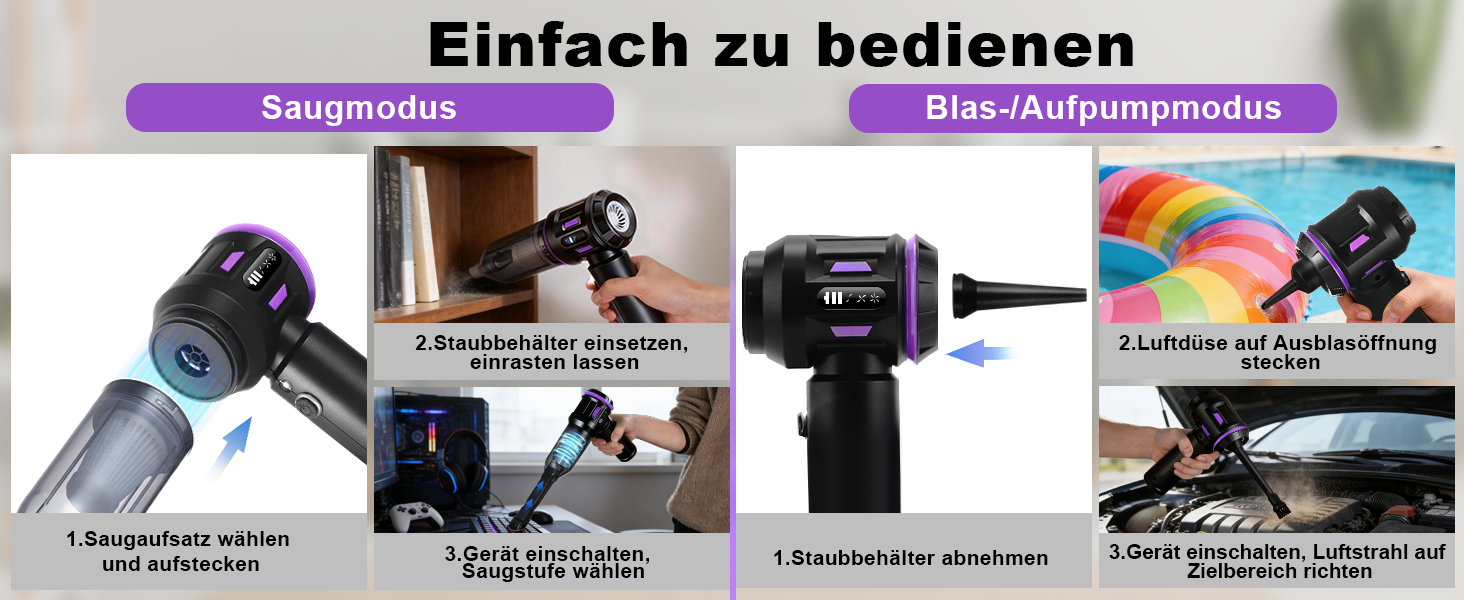 Акумуляторний ручний пилосмок Citybee 4 в 1, бездротовий міні-пилосмок для авто та дому, 25000Па, безщітковий двигун, 3 режими потужності, для шерсті тварин (Фіолетовий)