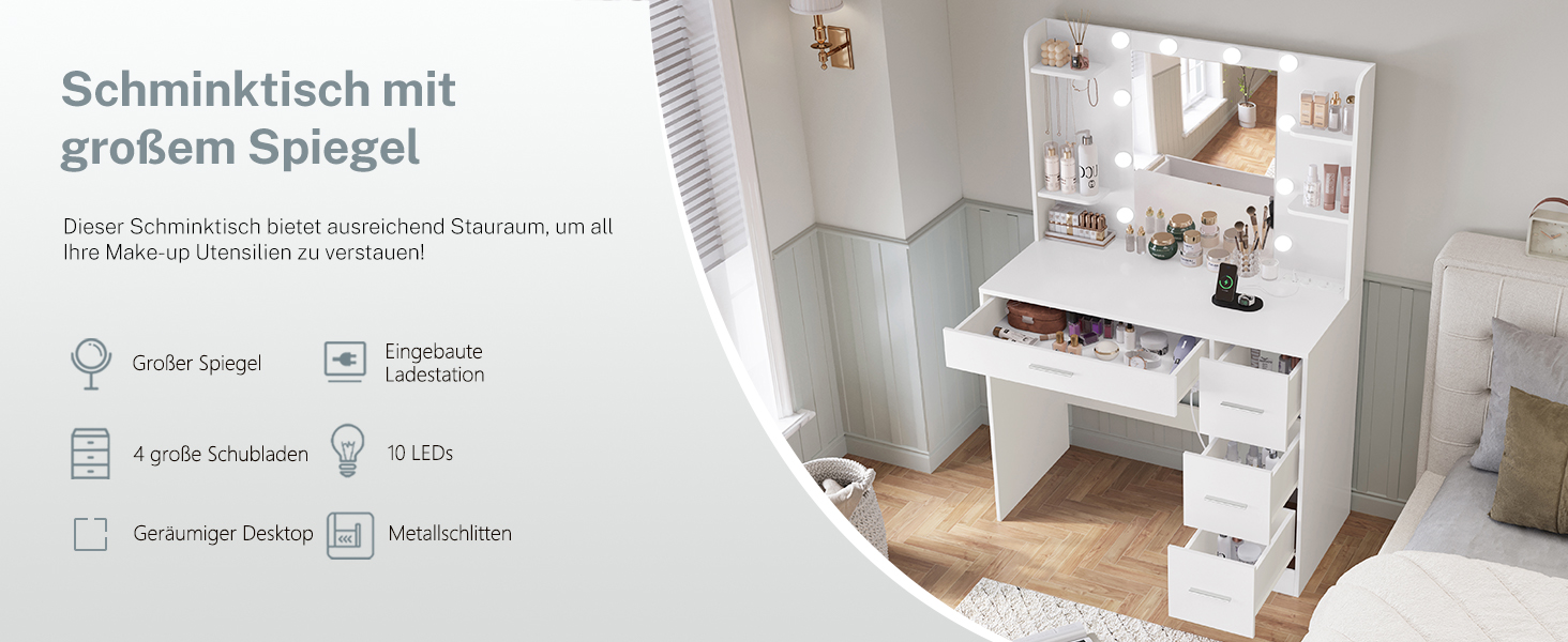 Трюмо TEENFON з дзеркалом та підсвічуванням, біле. 4 шухляди, 4 відкриті полиці, 5 гачків для прикрас.