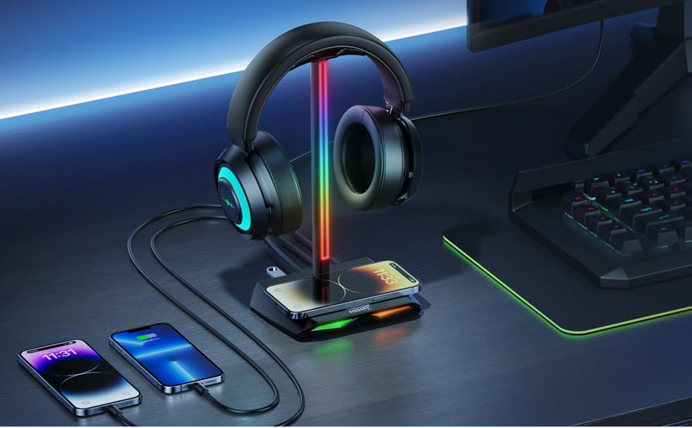 Підставка для навушників Feegar з RGB підсвічуванням та бездротовим зарядним пристроєм, для геймінгу, з USB та Type-C, 11 режимів підсвічування