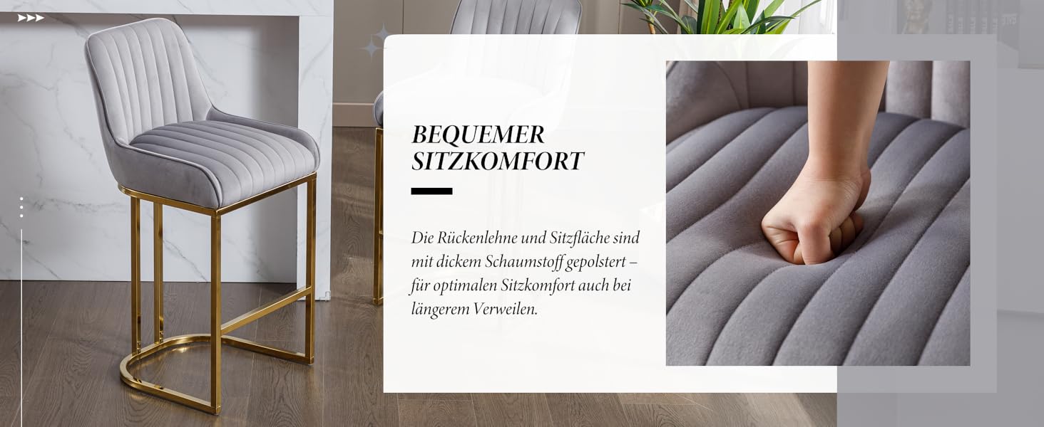 Набір з 2 барних стільців з велюру з золотистими металевими ніжками, з підлокітниками, для кухонного острова/домашнього бару, сірий