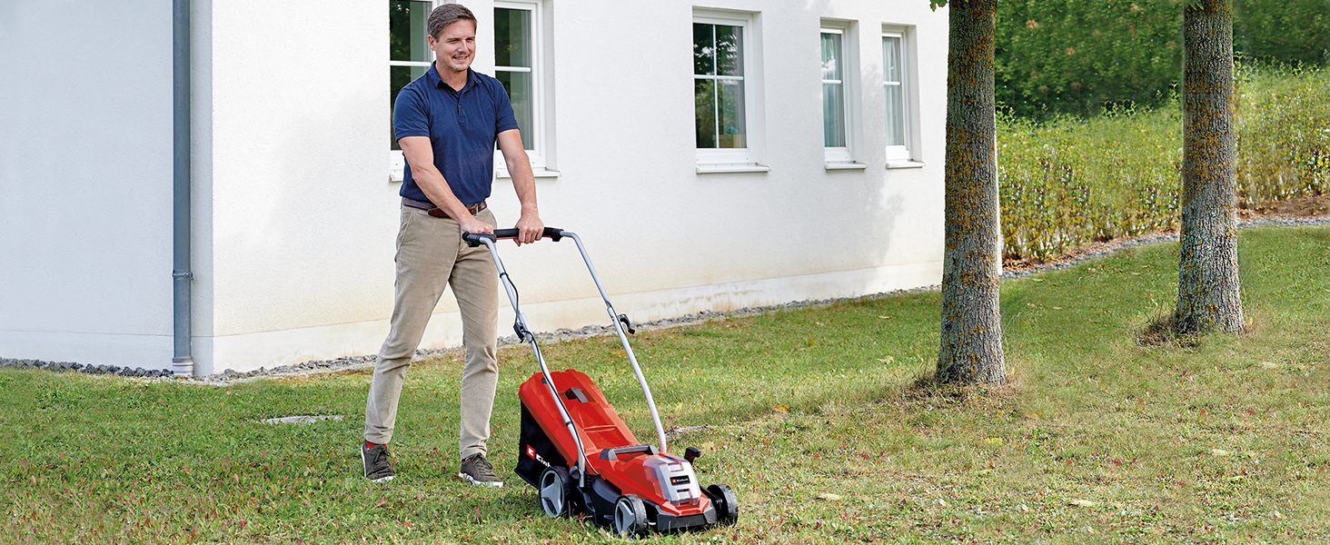 Акумуляторний газонокосарка Einhell GE-CM 18/33 Li Kit Power X-Change (18 В, ширина косіння 33 см, до 200 м², Brushless, кошик 30 л, висота косіння 25-65 мм, з акумулятором 4,0 Ah + зарядним пристроєм)