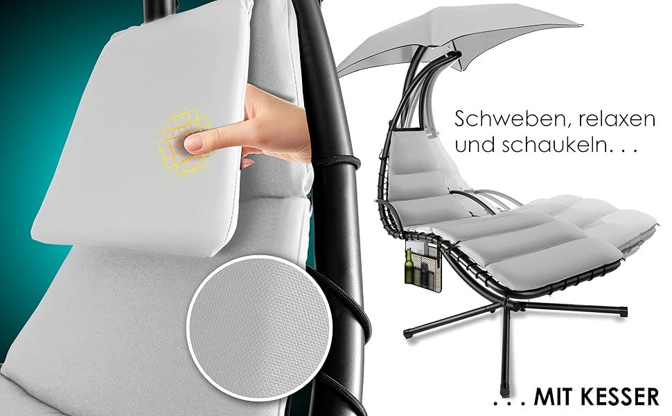 Кесер® Плаваюча лежанка з парасолькою, гамак-лежанка, сонячна лежанка H200, L194, B100 см, лежанка для відпочинку, гамак-шезлонг, до 120 кг, з подушкою для шиї, сумка в комплекті (Сірий)