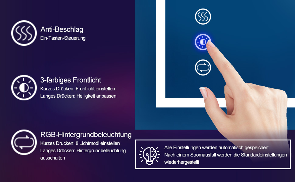 Дзеркало для ванної кімнати зі світлодіодним підсвічуванням 50x70 см, з сенсорним вимикачем