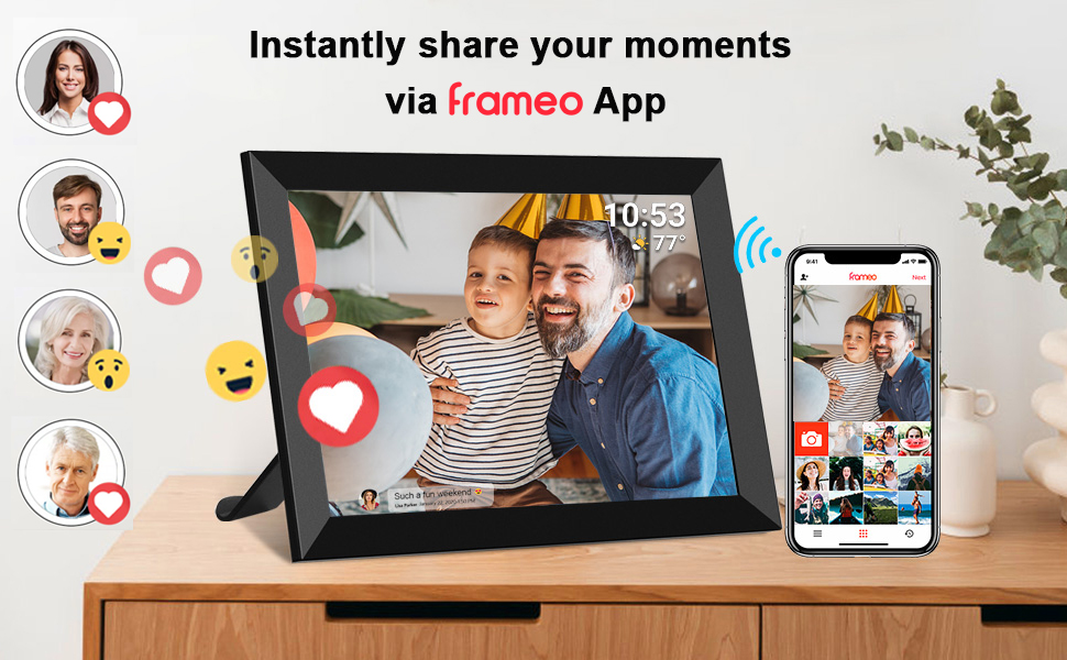 Цифровий фоторамка FRAMEO з Wi-Fi, 32GB, 10.1 дюйма, сенсорний екран, автоповорот, датчик руху, додаток Frameo