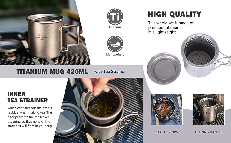 iBasingo чашка Titan 420мл з ситечком для чаю та кришкою. Легка туристична чашка з фільтром, для кемпінгу, подорожей, пікніків. Модель Ti3054D