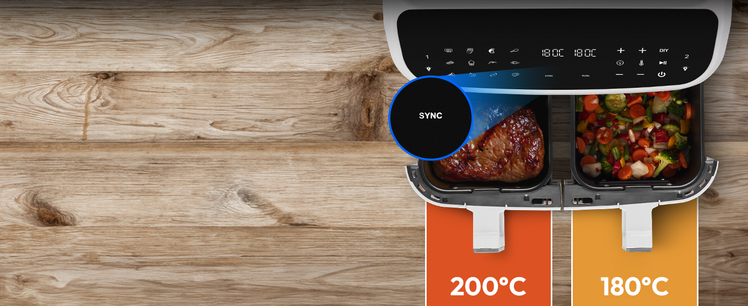 MEDION P20 XXL Фритюрниця для повітряного приготування з 2 камерами (8,7 л, Airfryer, 2600 Вт, подвійна камера, 10 автоматичних програм, 2 ящики, віконце, Dual Airfryer, ILAG PFAS-free, MD11760) матово-білий