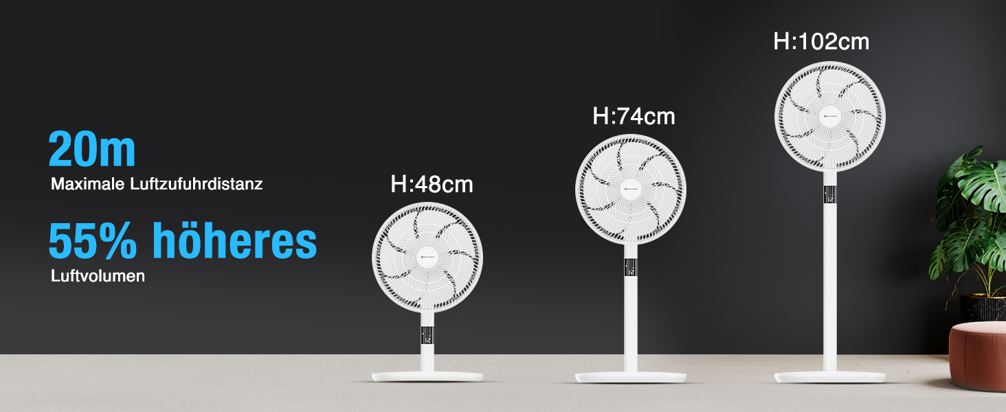 Вентилятор підлоговий MYCARBON DC мотор, надтихий (20дБ), LED дисплей, 12 швидкостей, пульт, 60/90/120° осциляція, таймер 12 год, 14 дюймів, для кімнати до 20 м²