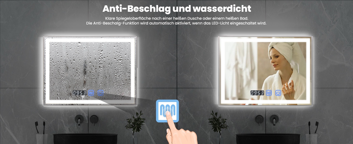 Дзеркало для ванної кімнати YOURLITE з LED-підсвічуванням 100x60 см, сенсорне управління, годинник, антизапар, 3 кольори світла, регулювання яскравості, функція пам'яті, білий (срібло)