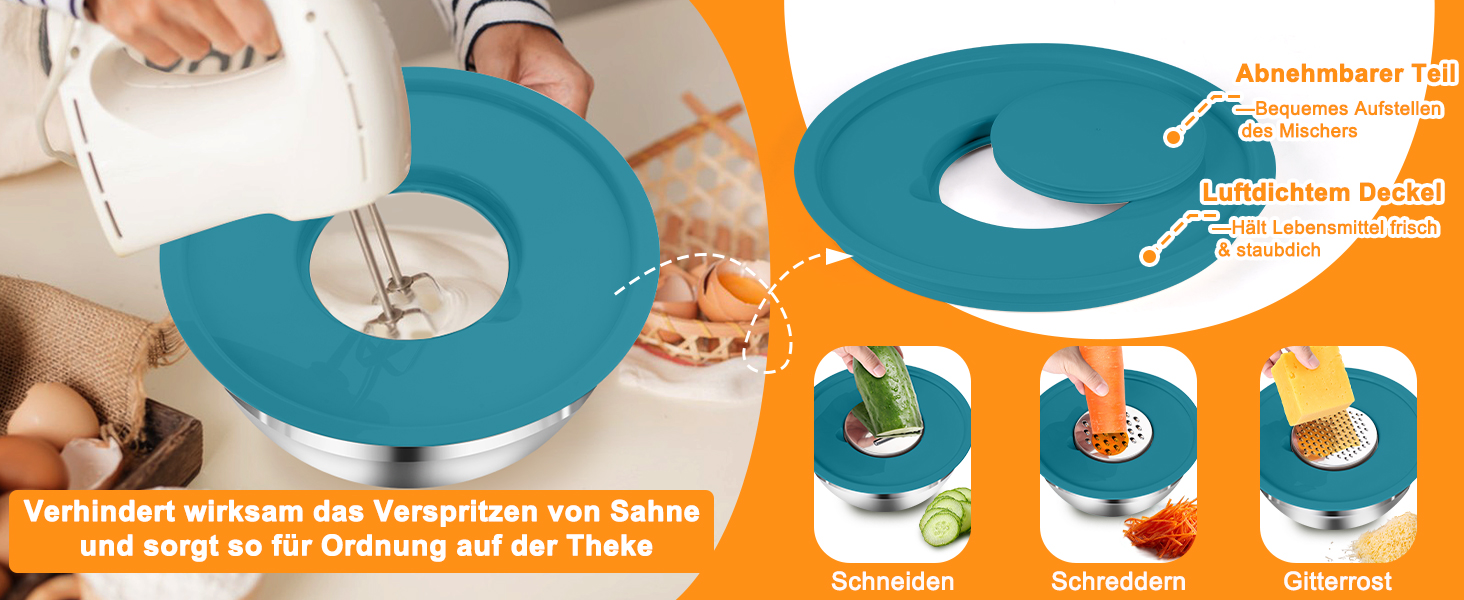 Набір мисок Onader з нержавіючої сталі: салатники з кришкою та 3 терками для кухні. Об'єм: 4л, 2.8л, 2.5л, 1л, 1.2л, 0.7л. Складається з 6 мисок, можна складати та мити в посудомийній машині.