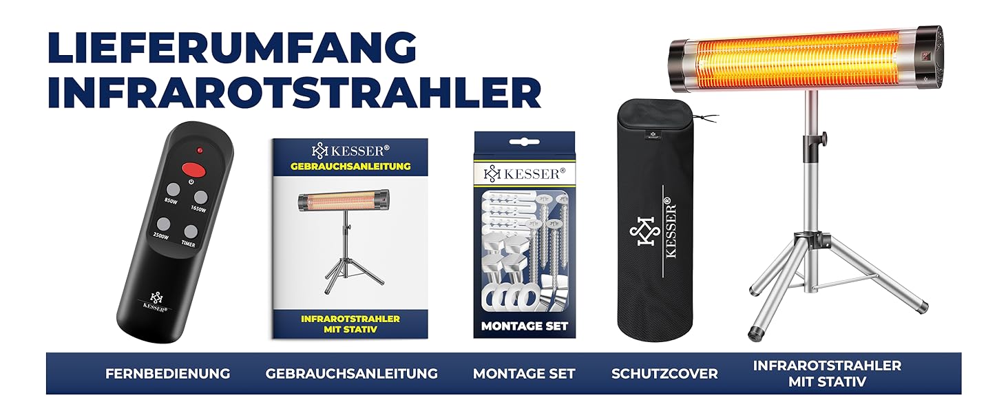 Інфрачервовий обігрівач KESSER® 2500W з пультом дистанційного керування та захисним чохлом, телескопічна стійка, для тераси, кварцовий нагрівач, срібний