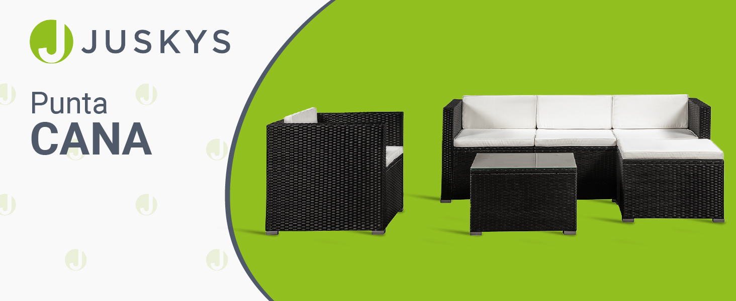 Juskys Lounge Punta Cana L: Комплект садово-розкішних меблів для 4-5 осіб (софа 3 місця, крісло, пуф, столик, подушки). Чудовий вибір для саду, тераси та балкону. Водостійкий набір меблів для відпочинку. Чорний/Крем.