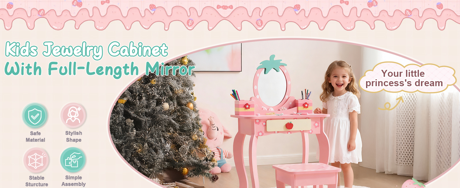Детский туалетный столик LEADZM с пуфом для девочек, с двумя зеркалами 180°, с ящиком, белый и розовый, для детей 3-9 лет